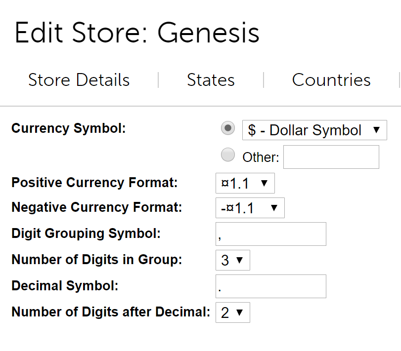 Generic Currency Settings