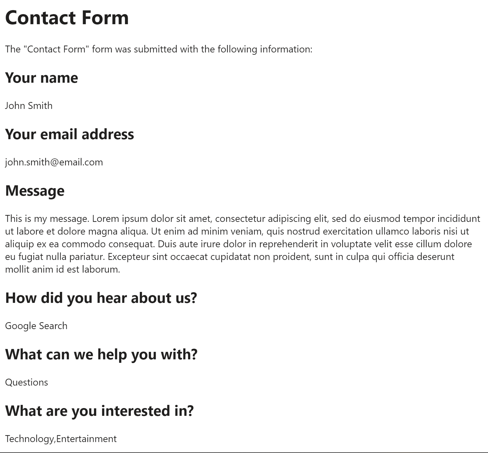 Example Contact Form Email